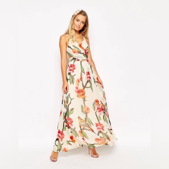 ASOS Halter Maxi Dress with Cut Out Sides in Love Bird Print - Picture 2 of 6